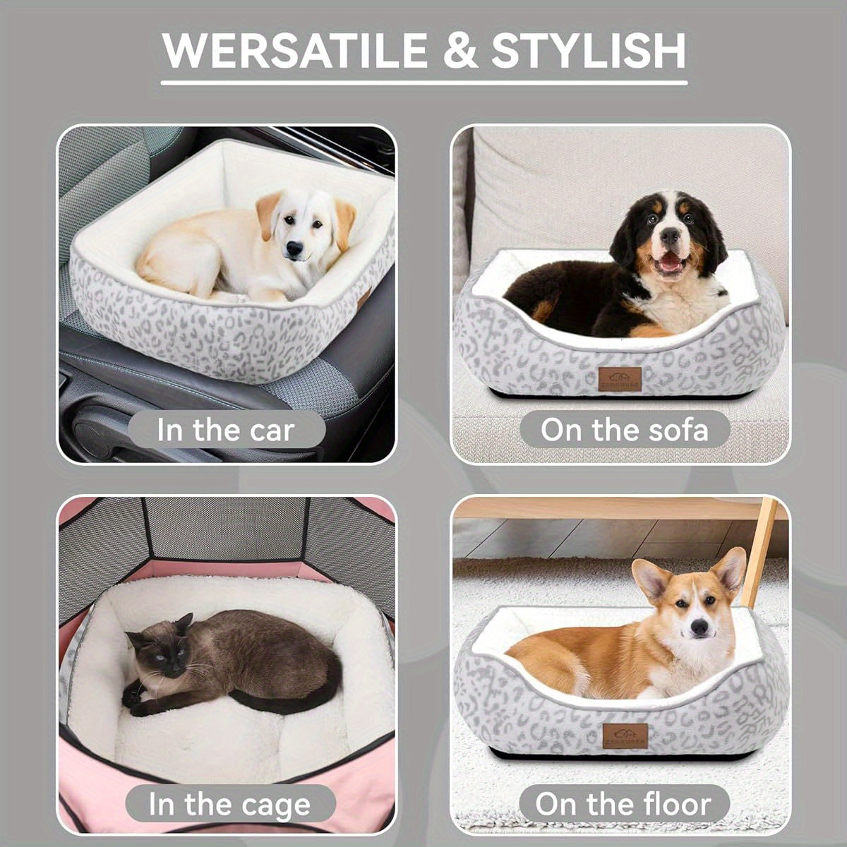 Orthopedic Cat & Dog Bed with Anti-Slip Bottom, Soft Puppy Bed, Machine Washable, Durable Plush Polyester Fill - Indoor/Outdoor Use for Large, Medium, Small Pets - White Leopard Design, Cat Beds for Small Pets, Indoor Pet Furniture, Pet Furniture, Pet