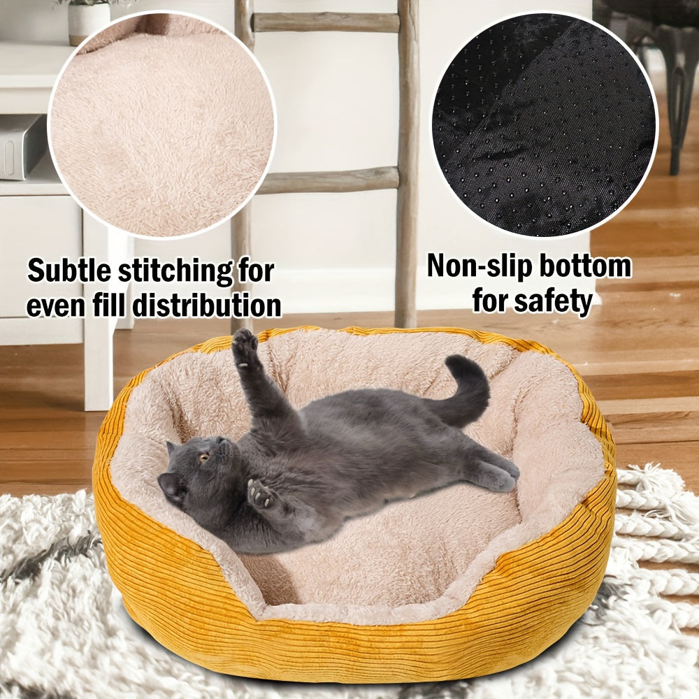 Small Dog Bed & Cat Bed - Oval Pet Bed with Soft Filling & Anti-Slip Bottom, Washable Yellow & Golden Cushioned Bed for Puppies, Kittens, Chihuahuas, Shih Tzus, Pomeranians - Cozy Indoor Dog Bed for Small Breeds, Durable Material, Easy-Clean Design, Ideal