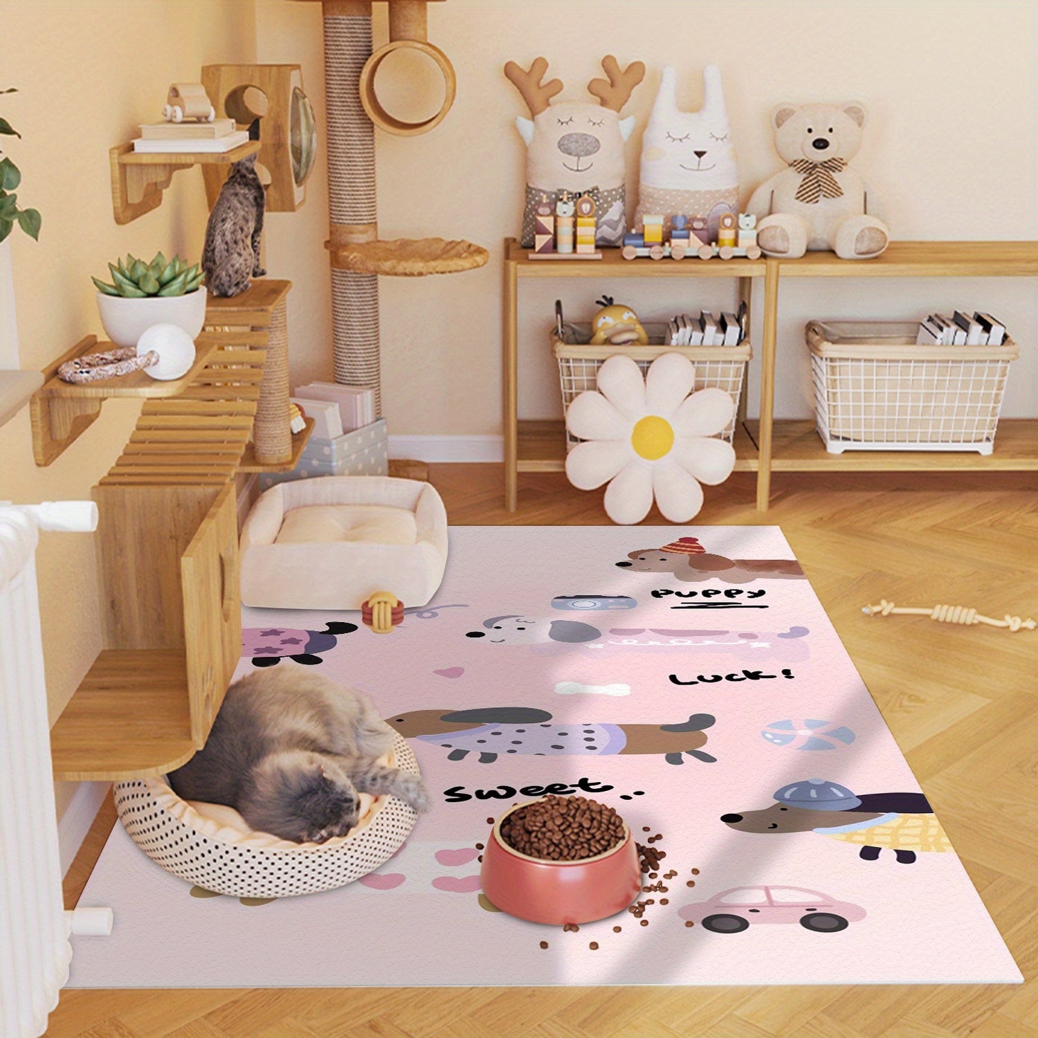 Pink Dachshund Puppy Design Plush Pet Mat - Chew-Resistant Non-Slip Large Dog Bed, Washable Polyester Kennel Pad with Playful Cartoon Hearts & Bones, Multi-Size Indoor/Outdoor Pet Mat for All Seasons, Dog Mat, Indoor Outdoor Mat, Cute Animal Prints,