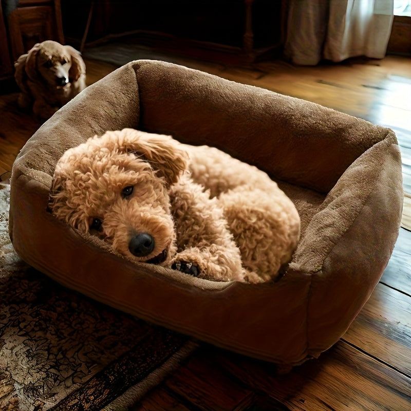 Plush Square Pet Bed - Beige/Brown/, Soft Fluffy Cushioned Mattress-like Interior, Open Edge Design, Easy-Clean Polyester Pad - for Cats, Small Dogs, Rabbits, Guinea Pigs - Indoor/Outdoor Use in Living Room, Bedroom, Balcony - Ideal for Apartments & Homes