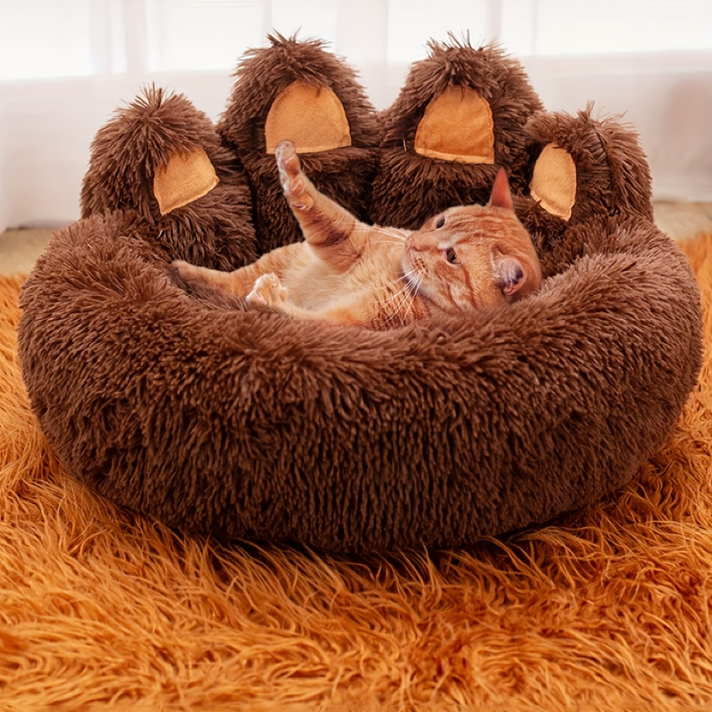 Deluxe Bear Paw Plush Pet Bed Ultra-Soft Faux Fur Round Lounger For Dogs & Cats, Warm And Calming Donut Nest With Anti-Slip Bottom, Thick PP  Filling, Machine Washable, Perfect For Small, Medium & Large Breeds All Year Round