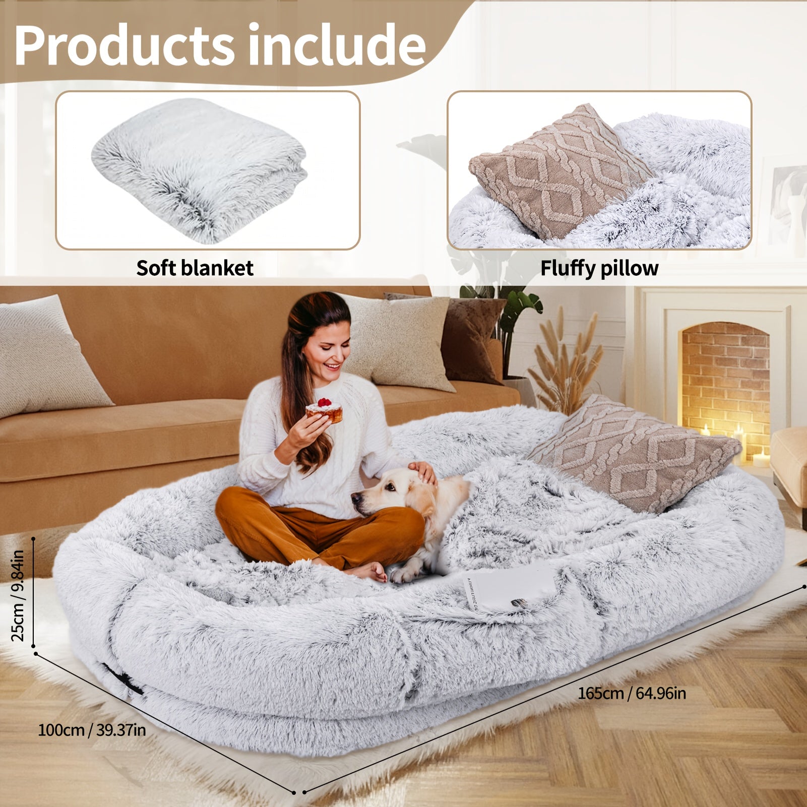 71"x45"x12" Orthopedic Dog Bed for Humans & Pets - Washable Faux Fur Oval Pet Bed with Plush Pillow & Strap, No Assembly Needed, Durable Polyester, Gray - Medium Dogs, Cozy Nap & Resting Spot, Pet Bed for Dogs, Cozy Home Decor, Elegant Pet Accessory, Soft