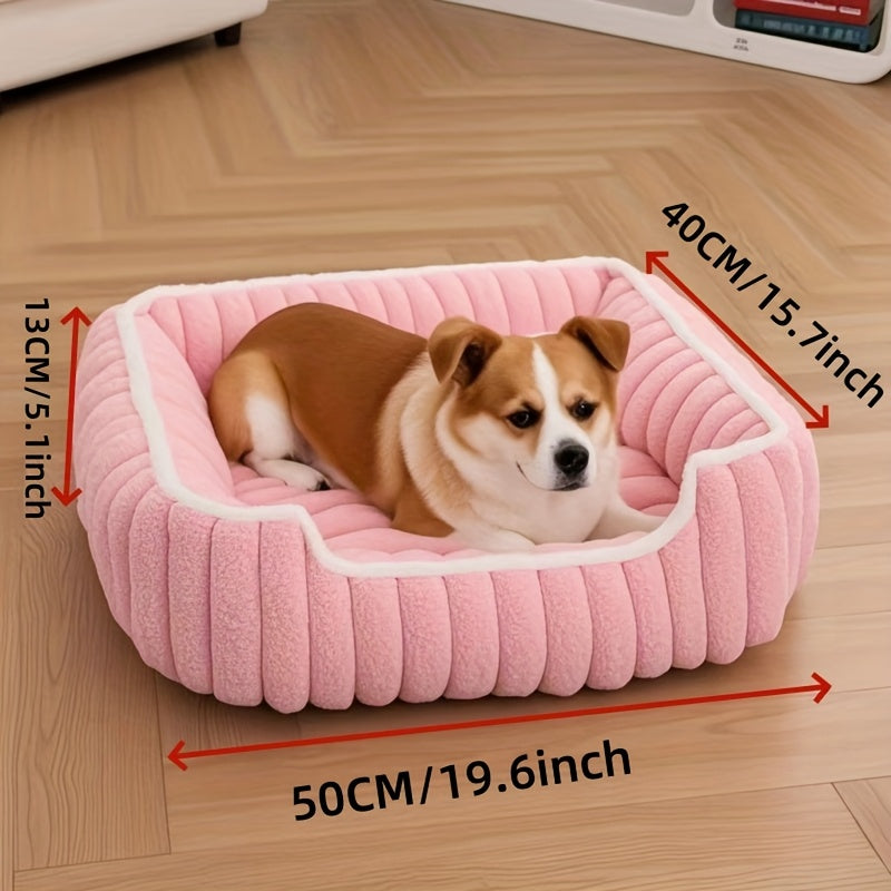 1pc Cozy Plush Pet Sofa Bed - Striped Polypropylene Recliner for Cats & Dogs, Warm All-Season Comfort, Non-Slip Bottom, Extra Small to Large Breeds, Beige with White Trim, Durable & Stylish Design, Pet Furniture Bed, Cozy Pet Furniture, Pet Comfort,