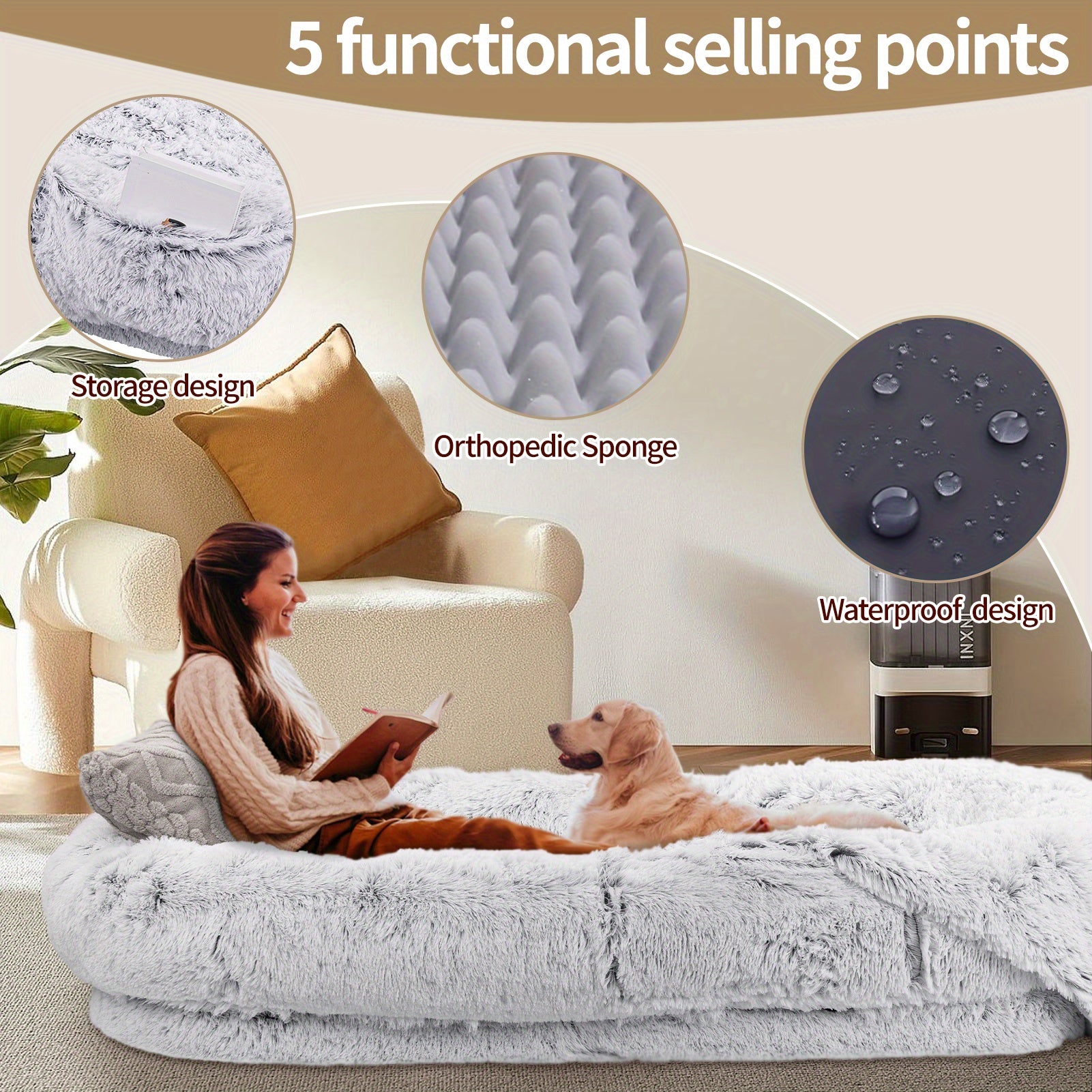 71"x45"x12" Orthopedic Dog Bed for Humans & Pets - Washable Faux Fur Oval Pet Bed with Plush Pillow & Strap, No Assembly Needed, Durable Polyester, Gray - Medium Dogs, Cozy Nap & Resting Spot, Pet Bed for Dogs, Cozy Home Decor, Elegant Pet Accessory, Soft