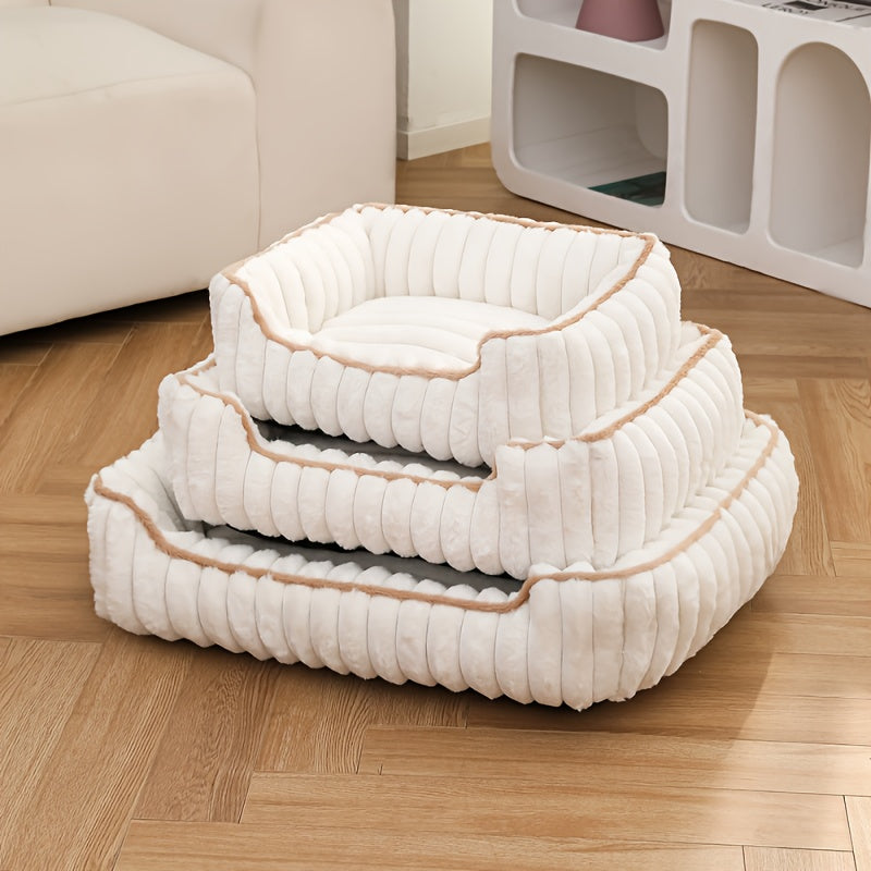 1pc Cozy Plush Pet Sofa Bed - Striped Polypropylene Recliner for Cats & Dogs, Warm All-Season Comfort, Non-Slip Bottom, Extra Small to Large Breeds, Beige with White Trim, Durable & Stylish Design, Pet Furniture Bed, Cozy Pet Furniture, Pet Comfort,