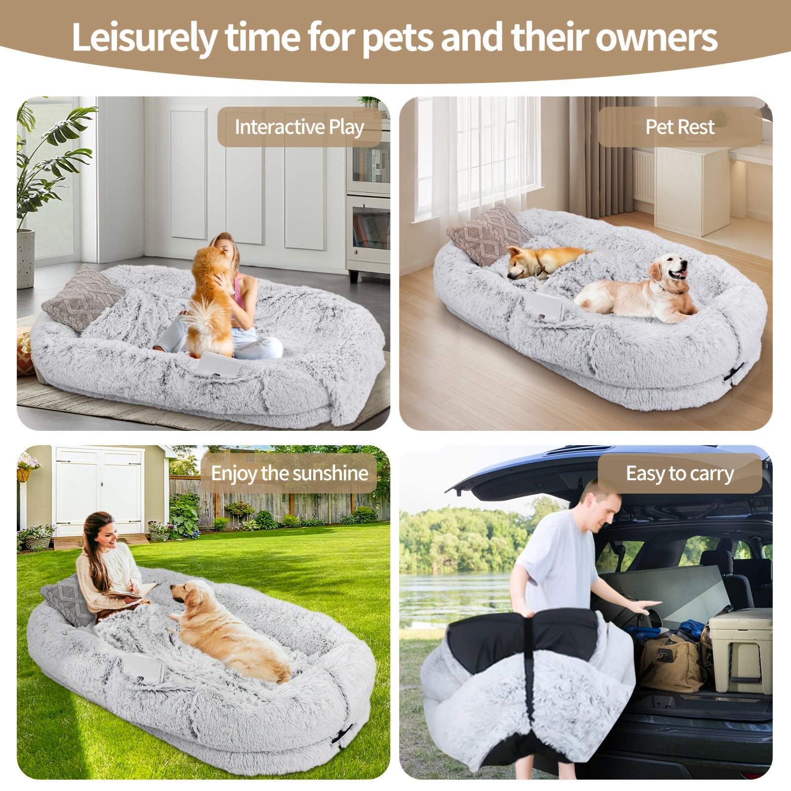 71"x45"x12" Orthopedic Dog Bed for Humans & Pets - Washable Faux Fur Oval Pet Bed with Plush Pillow & Strap, No Assembly Needed, Durable Polyester, Gray - Medium Dogs, Cozy Nap & Resting Spot, Pet Bed for Dogs, Cozy Home Decor, Elegant Pet Accessory, Soft