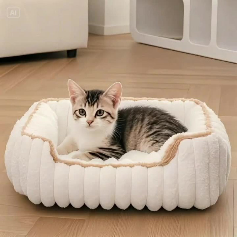 1pc Cozy Plush Pet Sofa Bed - Striped Polypropylene Recliner for Cats & Dogs, Warm All-Season Comfort, Non-Slip Bottom, Extra Small to Large Breeds, Beige with White Trim, Durable & Stylish Design, Pet Furniture Bed, Cozy Pet Furniture, Pet Comfort,
