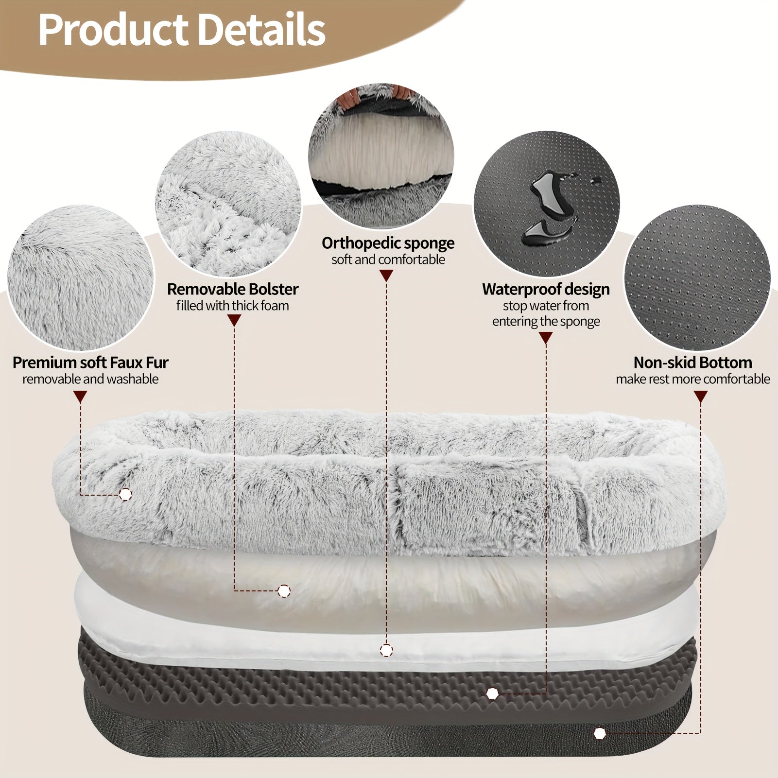 71"x45"x12" Orthopedic Dog Bed for Humans & Pets - Washable Faux Fur Oval Pet Bed with Plush Pillow & Strap, No Assembly Needed, Durable Polyester, Gray - Medium Dogs, Cozy Nap & Resting Spot, Pet Bed for Dogs, Cozy Home Decor, Elegant Pet Accessory, Soft