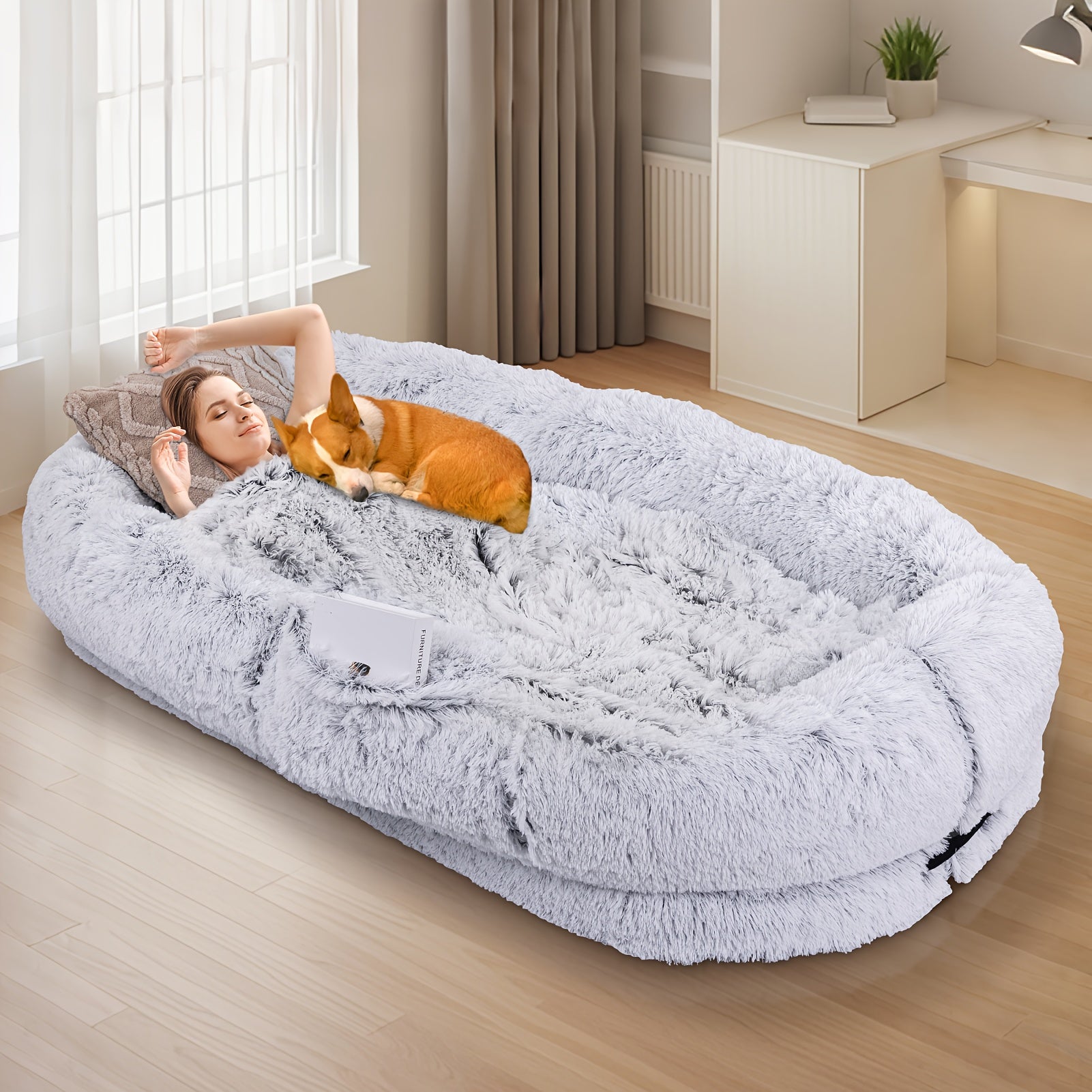 71"x45"x12" Orthopedic Dog Bed for Humans & Pets - Washable Faux Fur Oval Pet Bed with Plush Pillow & Strap, No Assembly Needed, Durable Polyester, Gray - Medium Dogs, Cozy Nap & Resting Spot, Pet Bed for Dogs, Cozy Home Decor, Elegant Pet Accessory, Soft
