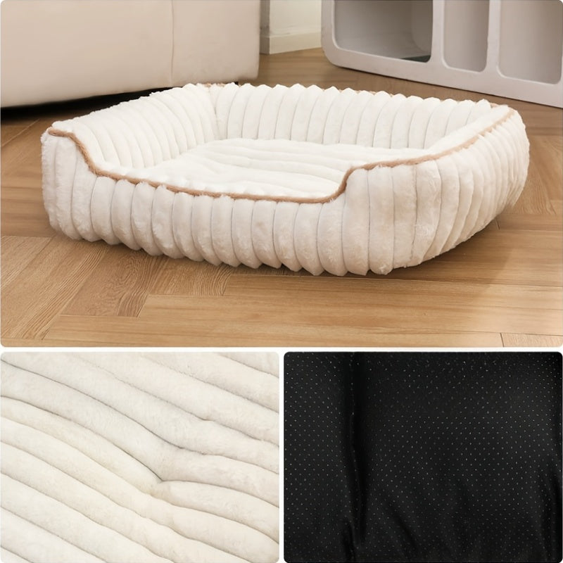 1pc Cozy Plush Pet Sofa Bed - Striped Polypropylene Recliner for Cats & Dogs, Warm All-Season Comfort, Non-Slip Bottom, Extra Small to Large Breeds, Beige with White Trim, Durable & Stylish Design, Pet Furniture Bed, Cozy Pet Furniture, Pet Comfort,
