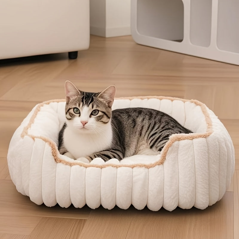1pc Cozy Plush Pet Sofa Bed - Striped Polypropylene Recliner for Cats & Dogs, Warm All-Season Comfort, Non-Slip Bottom, Extra Small to Large Breeds, Beige with White Trim, Durable & Stylish Design, Pet Furniture Bed, Cozy Pet Furniture, Pet Comfort,
